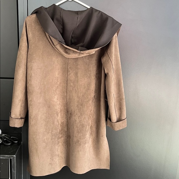 Zara Knit Faux Suede Olive/Brown Hooded Drape Coat - Picture 4 of 4